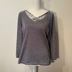 Silver Metallic V-Neck Sweater Top Gray Shimmer  Size M Sequins